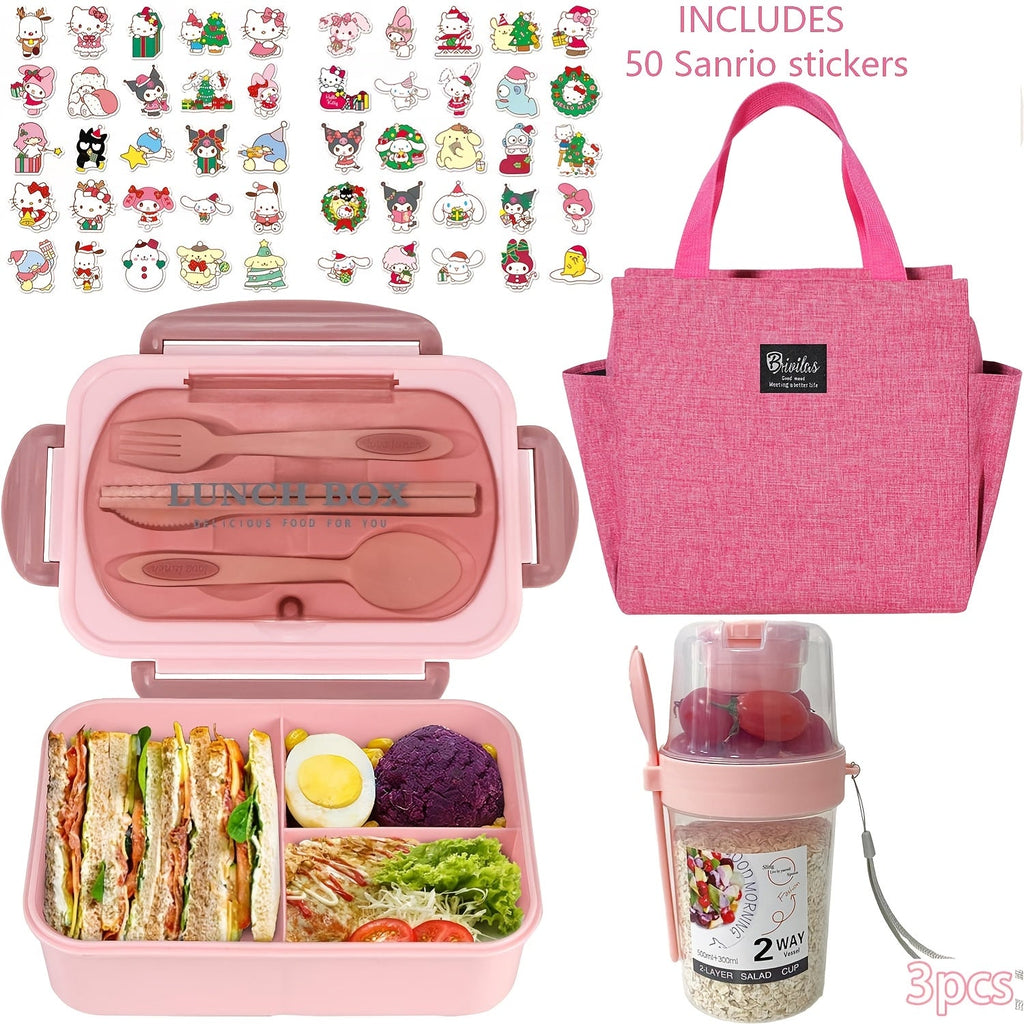 Sanrio Lunch Box Set 53pcs Bento Box with Thermal Bag Breakfast Cup Portable Sealed Compartment Microwave Dishwasher Safe for Work Picnic School
