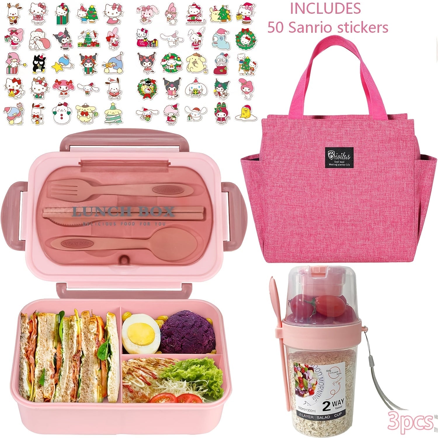 Sanrio Lunch Box Set 53pcs Bento Box with Thermal Bag Breakfast Cup Portable Sealed Compartment Microwave Dishwasher Safe for Work Picnic School