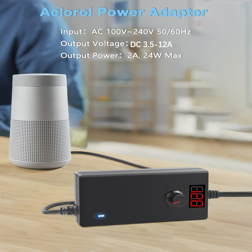 Adjustable AC DC Power Adapter 24W 3-12V 2A Universal Power Supply 100-240V with LED Voltage Display 14 Tips Polarity Converter for Small Home Electronics