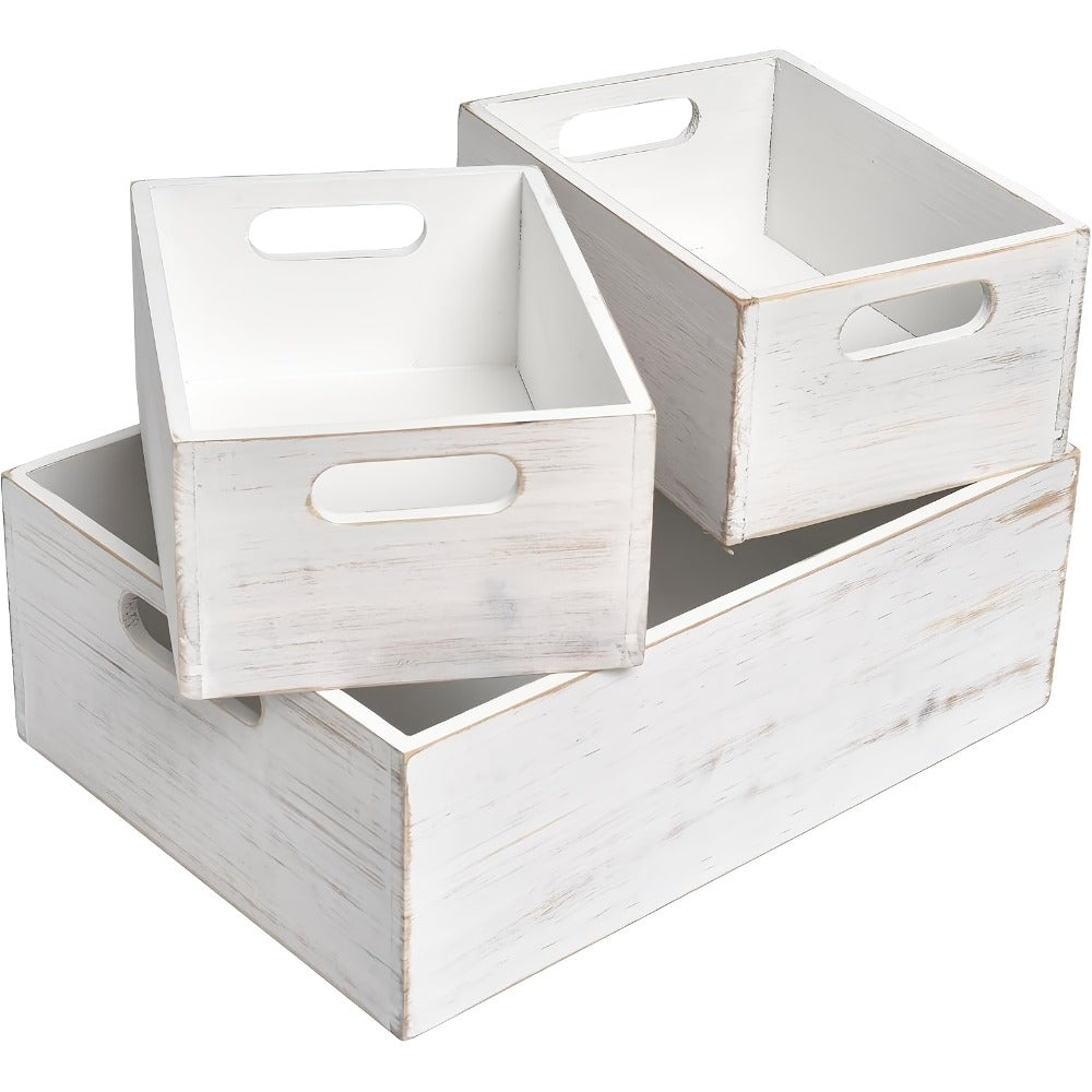 Wooden Crates with Handles Set of 3 ¨C Rustic Farmhouse Storage Boxes for Pantry, Shelf, Closet, Arts & Crafts, Home Organizer Decorative Wood Crate Display Boxes Brown