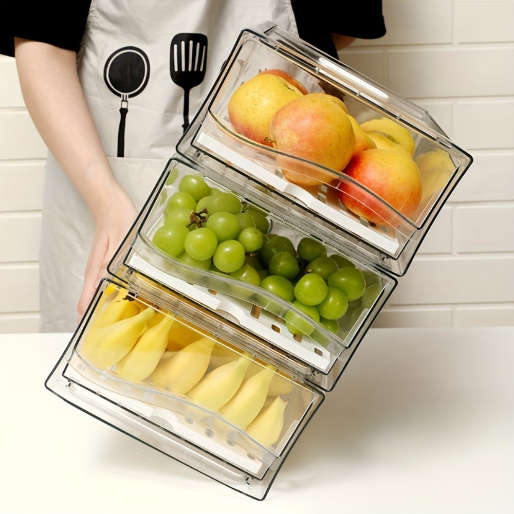 Stackable Fridge Organizer Bins with Drain Board 2 Pack, BPA-Free Refrigerator Drawer Organizer for Produce Fruit Vegetable, Reusable Food Storage Containers for Kitchen