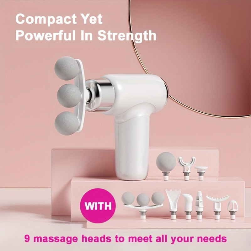 Massage Gun USB Rechargeable Handheld Percussion Massager | 9 Interchangeable Heads Deep Tissue Electric Body Massager | Cordless Muscle Recovery Tool for Men Women Athletes Gym Home Office Travel