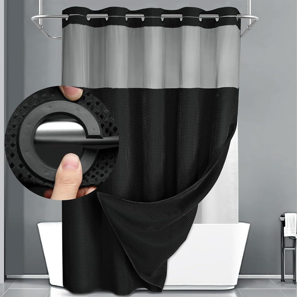 Hookless Shower Curtain with Snap Liner 74x71 Inch - Waffle Texture Double Layer with See-Through Window Waterproof Washable Hotel Quality Bathroom Curtain Set | Grey White Matcha Black | Home Decor Gift