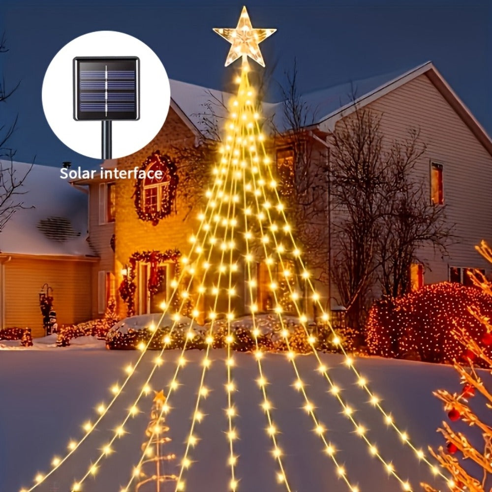 Christmas Tree Waterfall Fairy Lights 200 LED with Star Top Decoration, 8 Lighting Modes ¡ª Battery, Solar & USB Powered Indoor Outdoor Colorful Cascading Holiday Light Strip