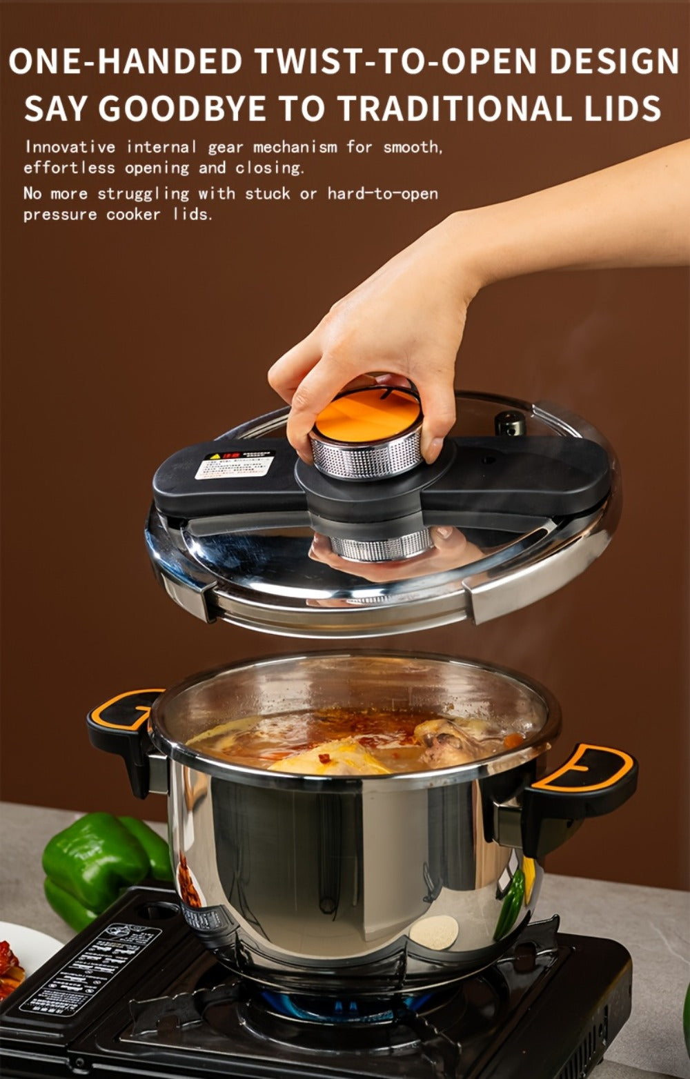 Pressure Cooker Stainless Steel with One-Twist Lock Lid ¨C Heavy-Duty Induction & Gas Compatible Stew Pot in 1.32gal, 1.59gal & 2.11gal, Dishwasher Safe Family Soup Cooker for Daily Cooking