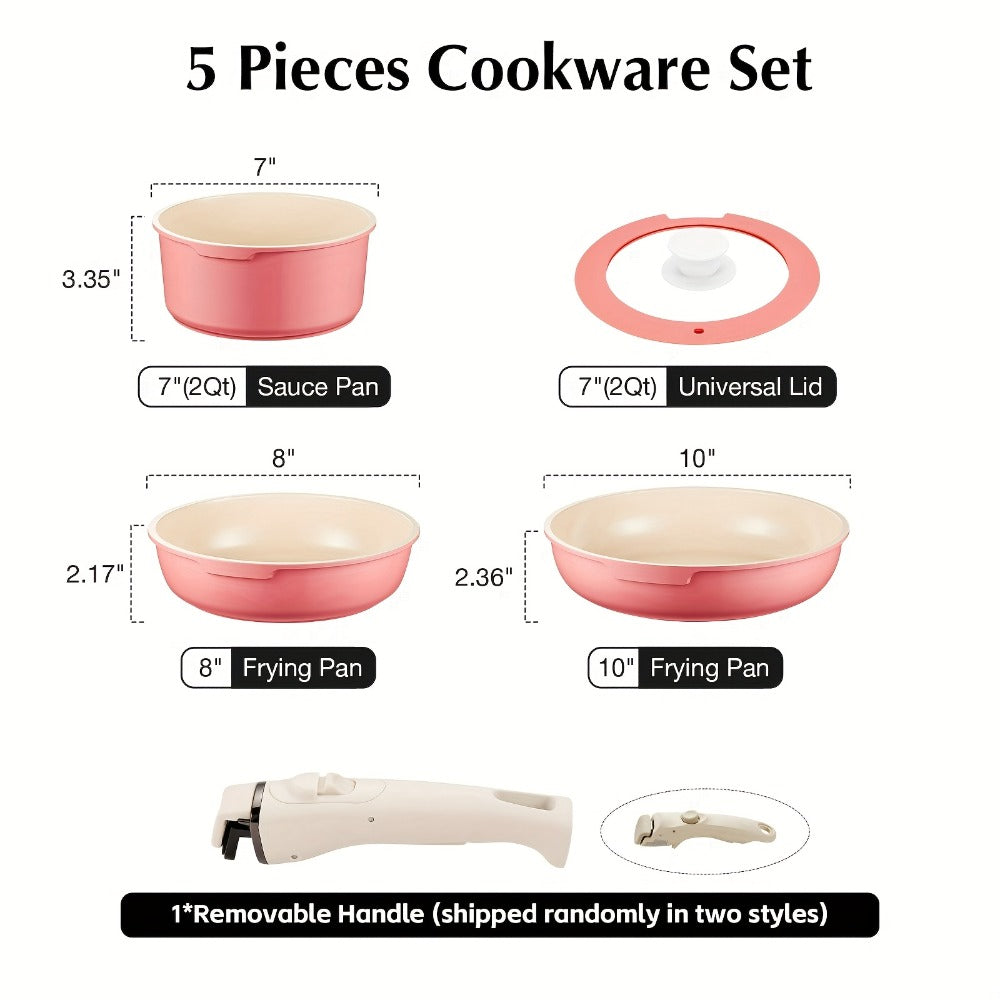 Nonstick Cookware Set 5-Piece Detachable Handle Aluminum Pots and Pans ¨C Space-Saving Stackable Induction Compatible | 8 & 10 Inch Frying Pan Soup Pot Universal Lid | White Pink Beige Coral Pink