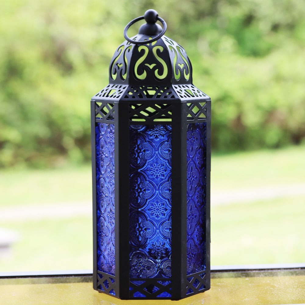 Moroccan Candle Lantern Holder - Decorative Metal & Glass Lantern with Embossed Floral Design for Indoor Home Decor, Garden, Patio, Weddings, Ramadan, Halloween & Holiday Celebrations - 10.5¡± Tall Medium Size