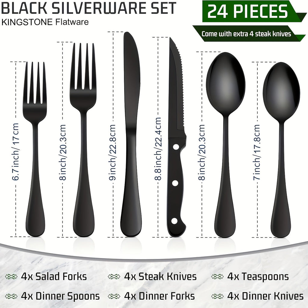 Stainless Steel Flatware Set with Steak Knives ¨C 24/48 Piece Silverware Set Service for 4 or 8, Mirror Polished Cutlery, Dishwasher Safe, Silver & Black