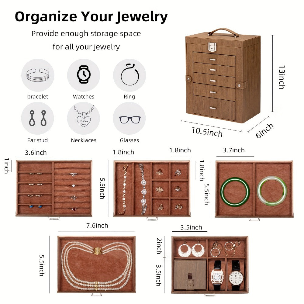 Jewelry Box 6 Tier with 5 Drawers Mirror & Lock | Large Jewelry Organizer Storage Case Gift for Women