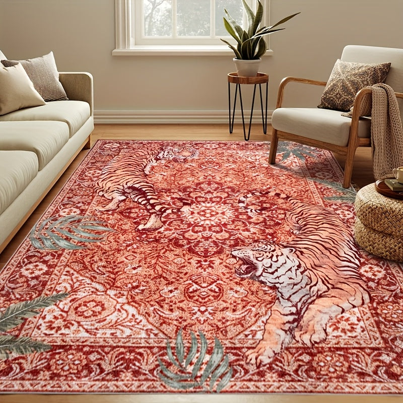 Tiger Print Rug Washable Non-Slip Area Rug - Jungle Forest Design Ultra-Thin Indoor Carpet for Living Room Bedroom Home Office, Red Green Beige, 5x7 6x9 8x10 9x12ft