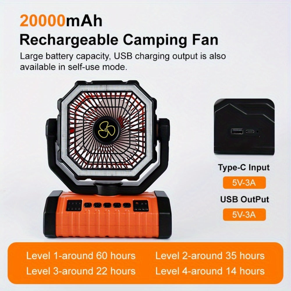 Camping Fan 20000mAh with Built-In LED Light, USB Rechargeable Portable Outdoor Fan with Sturdy Handle, Rugged Compact Design for Tent, Hiking, Fishing, Backpacking and Emergency Power Outage