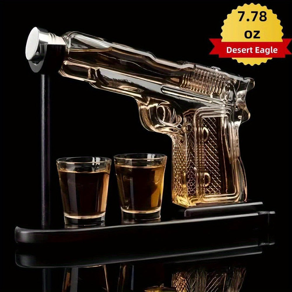 Whiskey Gun Decanter Set 10oz with 2 Bullet Shot Glasses & Wooden Stand, Handgun Shaped Liquor Decanter for Home Bar, Unique Novelty Gift for Men, Dad, Birthday & Valentine's Day