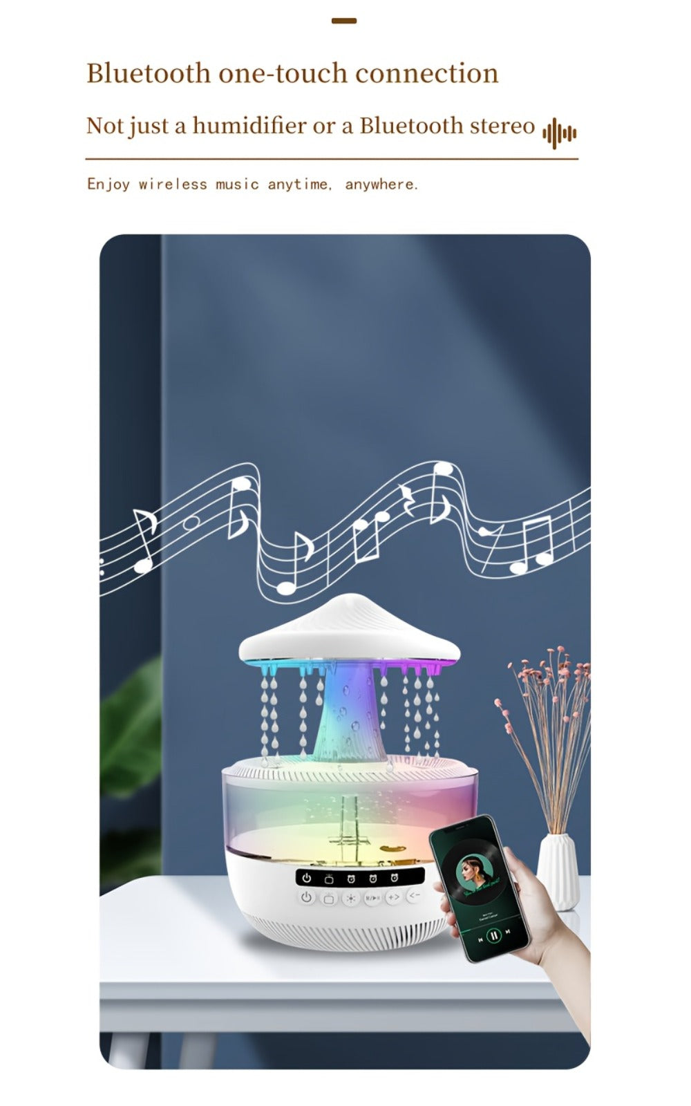 Cool Mist Humidifier with 7-Color Night Light Raindrop Music Design Dual Mist Output 26dB Ultra-Quiet 24H Operation Visible Water Level for Bedroom Living Room Office Gift