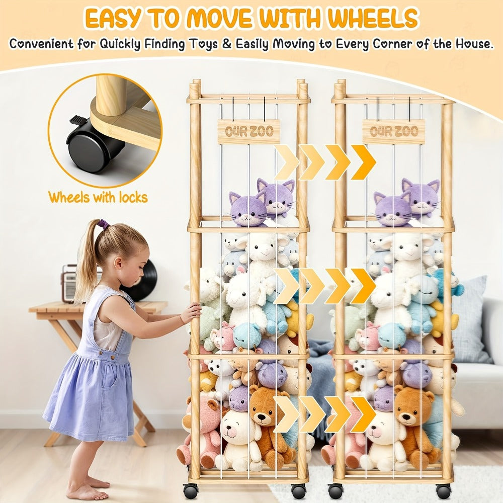 Stuffed Animal Storage Holder with Wheels Natural Pine Wood Plush Toy Organizer Zoo Rack - Large Capacity 2 or 3 Tier with Building Block Bag for Nursery Playroom Bedroom Space Saver