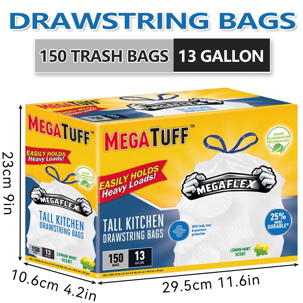 Drawstring Trash Bags 13 Gallon, 150 Count (3 Rolls) Tall Kitchen Garbage Bags with Odor Eliminator Technology, Lemon Mint Scent, Puncture & Tear Resistant, Easy-Tie Drawstring, Fits 13 Gal Trash Cans