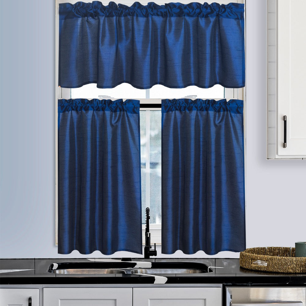 Kitchen Curtains 3 Panels Faux Silk Sheer Tier and Valance Set Rod Pocket 2 Tiers 26x36 inch + Valance 52x14 inch for Kitchen Bathroom Window Drapes