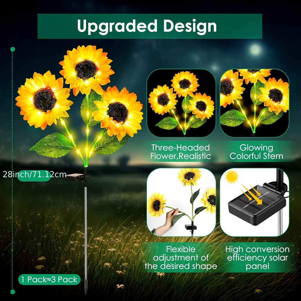 Solar Sunflower Garden Stake Lights 4 Pack | 12 Lifelike LED Flowers IP44 Waterproof Auto On Off | Floral Path Lighting for Patio Yard Porch with 8 Clip-On Butterfly Accessories