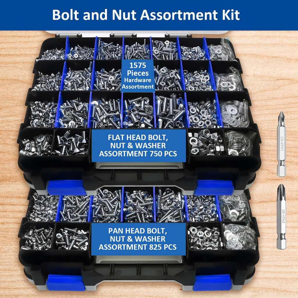 1575pcs 304 Stainless Steel Nuts and Bolts Assortment Kit ¨C Pan Head Flat Head Screws Nuts Washers with Double-Sided Storage Box for Home & Mechanical Repairs