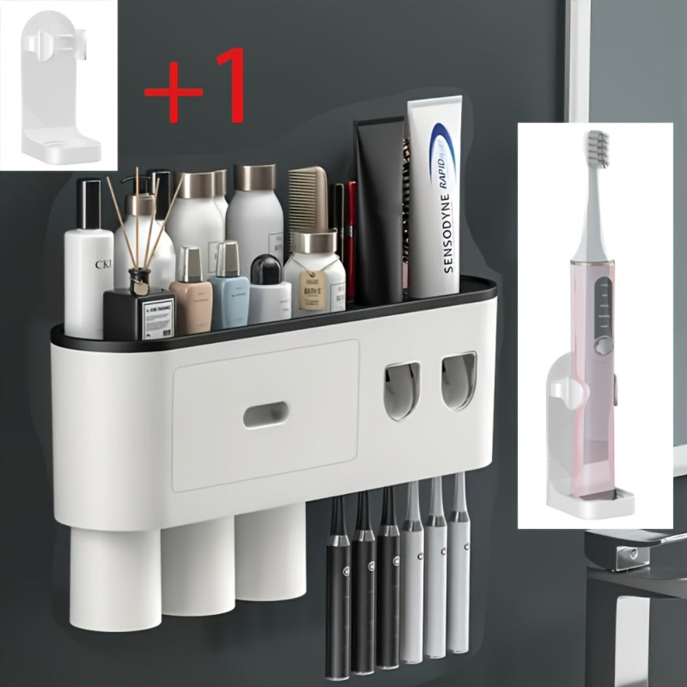 Wall Mounted Toothbrush Holder with Automatic Toothpaste Dispenser - 3 Cups Bathroom Organizer, Space-Saving Toothbrush Cup Holder for Family, Black & Gray