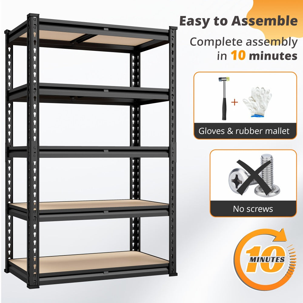 5-Tier Heavy Duty Garage Shelving Unit 2000LBS ¨C Metal & Wood Storage Shelves, Adjustable Utility Rack for Garage, Basement, Pantry, Warehouse, Kitchen & Office, Tool-Free Assembly, Black