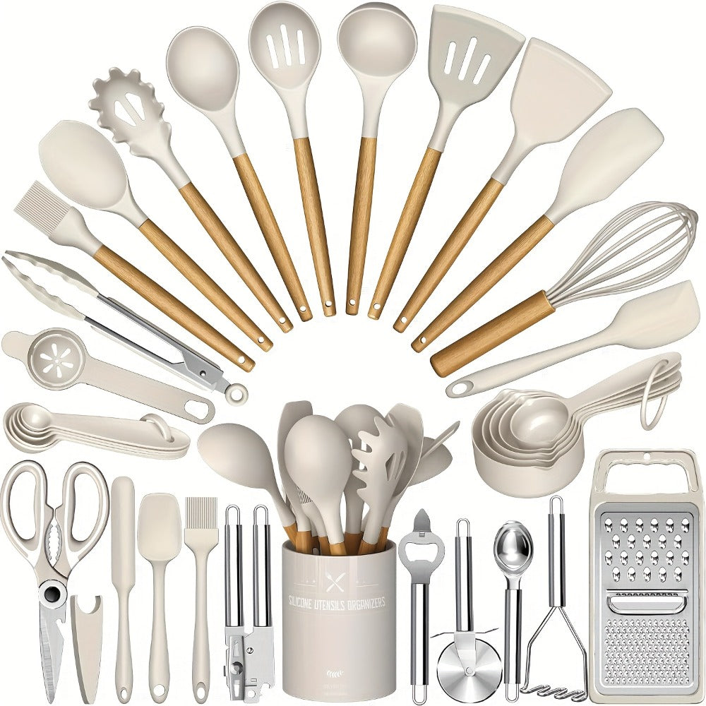 Silicone Kitchen Utensils Set 34-Piece with Holder ¨C Heat Resistant Cooking Spatula Tools for Nonstick Cookware | Wooden Handle Kitchen Gadgets | Father's Day & Housewarming Gift