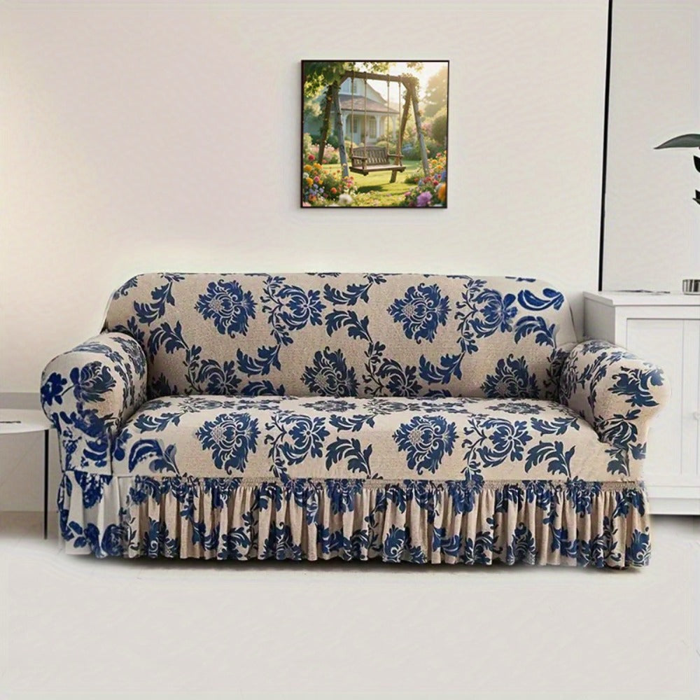 Stretch Sofa Cover Slipcover High-Stretch Fabric Ruffle Skirt Non-Slip Rod All-Season Snug Fit for 1 2 3 4 Seater Couch ¡ª Dark Blue with Pillow Cover
