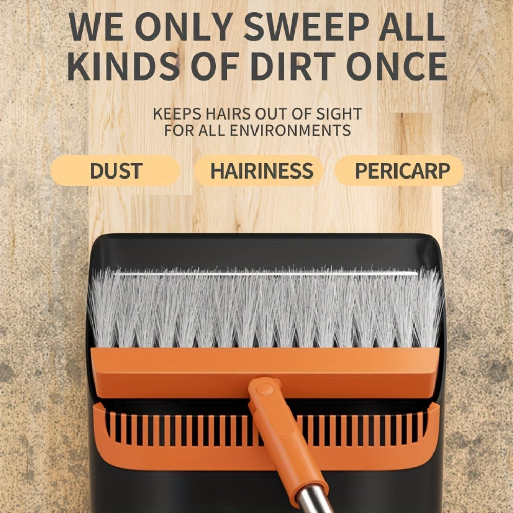 Folding Broom and Dustpan Set 50 Inch Extended Handle - Dense Elastic Bristles Wide Deep Dustpan for Dust Hair Debris, Foldable Broom for Home Kitchen Bathroom Bedroom Living Room, Blue White Black Orange Khaki