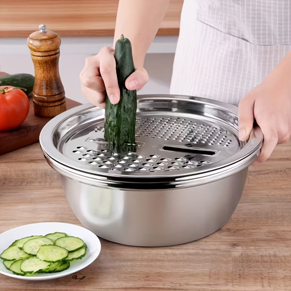 Stainless Steel Kitchen Tool Set 3pcs ¨C Built-In Grinder, Colander Filter & Mixing Bowl for Washing, Slicing & Draining Fruits, Vegetables & Cheese, Food-Safe Drainage System