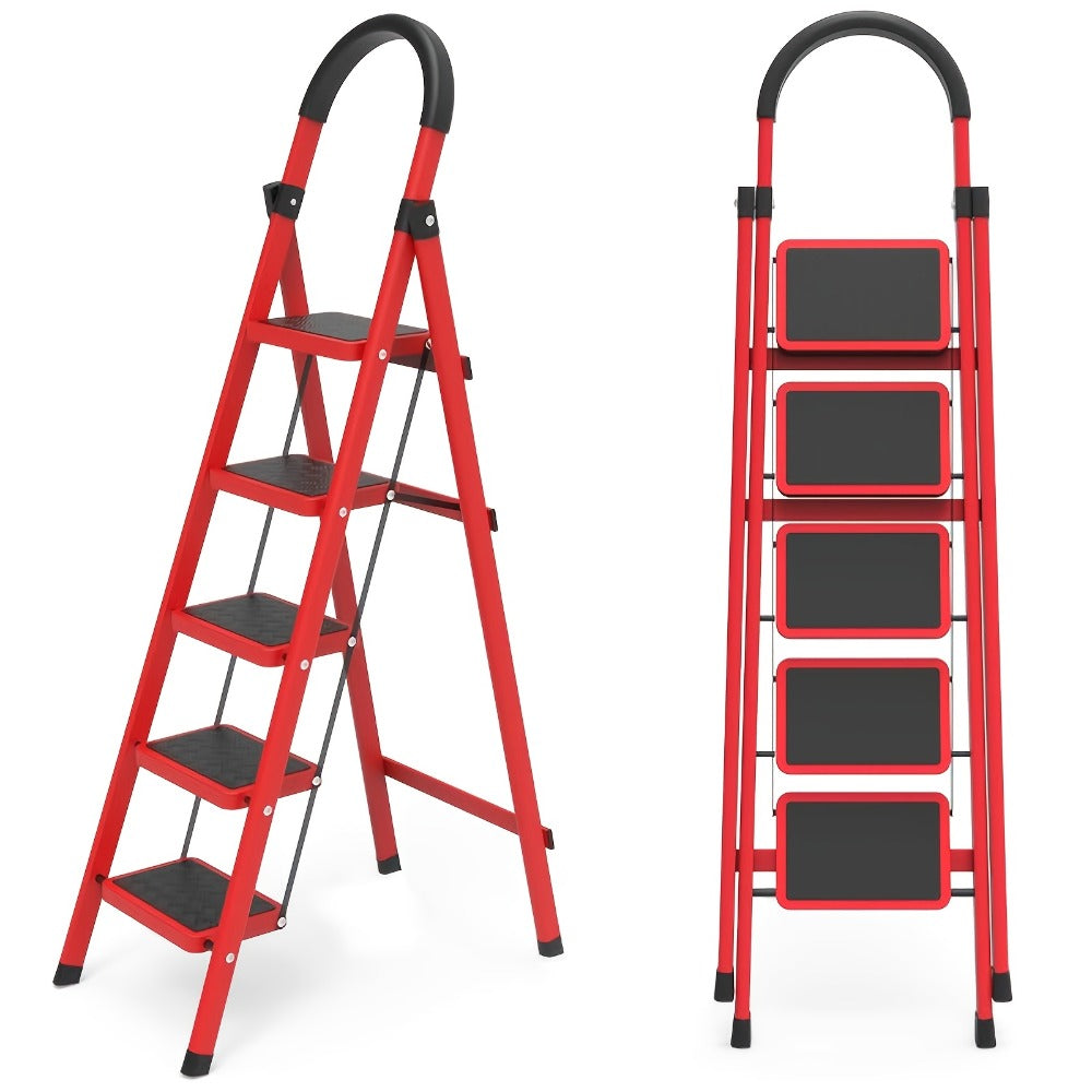 Folding Step Stool 5 Step 500 LBS Anti-Slip ¨C No Assembly, One-Hand Fold, Soft Grip Handle, Wide Pedals, Auto Safety Lock, Portable Lightweight Ladder for Home, Kitchen, Bedroom & Industrial Use