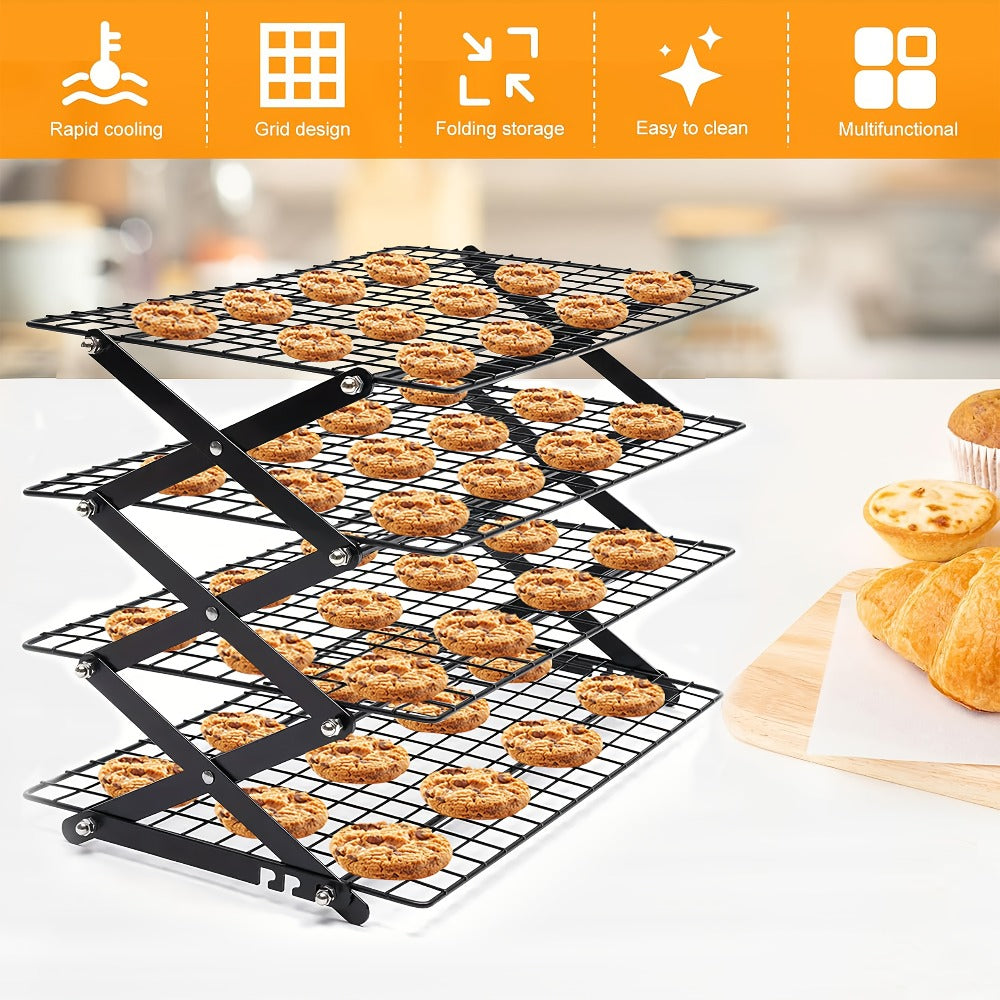 Foldable Cooling Rack Set ¨C Stackable Oven Cookie Cake Drying Rack with Free Baking Tools (Silicone Spatula, Egg Beater, Tongs, Brush) | 3/4/5 Tier Options for Kitchen, Camping & Holiday Baking