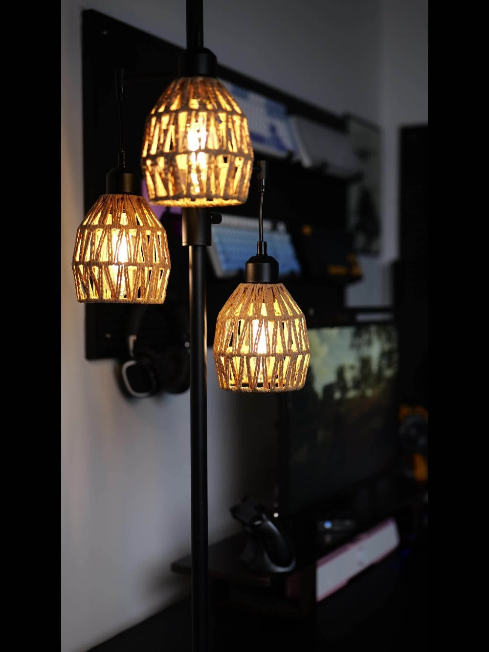 Boho Rattan Floor Lamp Dimmable ¨C 3-Light Stepless Dimming Standing Lamp with Natural Rattan Shade & Metal Base for Living Room, Bedroom, Dining Room ¨C Warm Bohemian Home Lighting