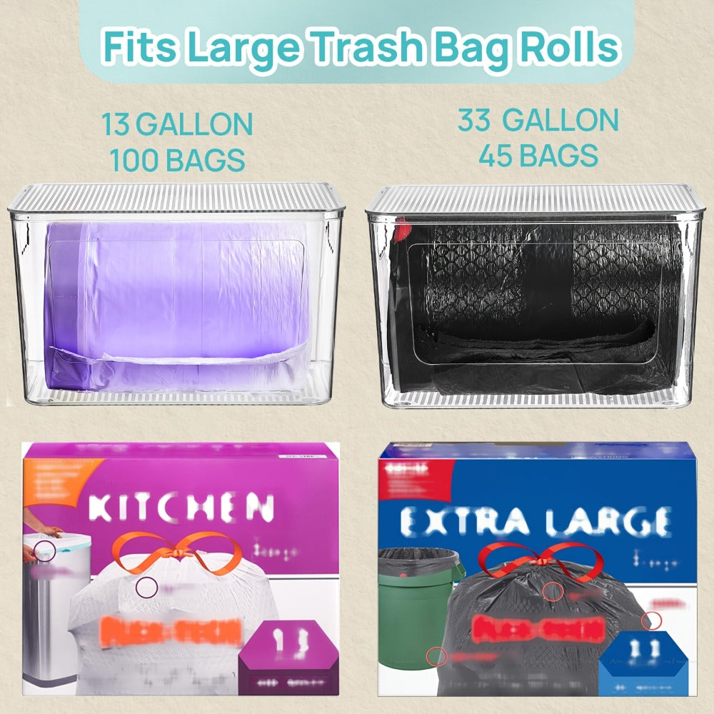 Trash Bag Dispenser 2 Pack ¨C Clear Stackable Garbage Bag Holder for 13/30/33 Gallon Bags, Under Sink Organizer, Locking Lid, Anti-Slip, Kitchen Pantry Laundry Room Cabinet Storage