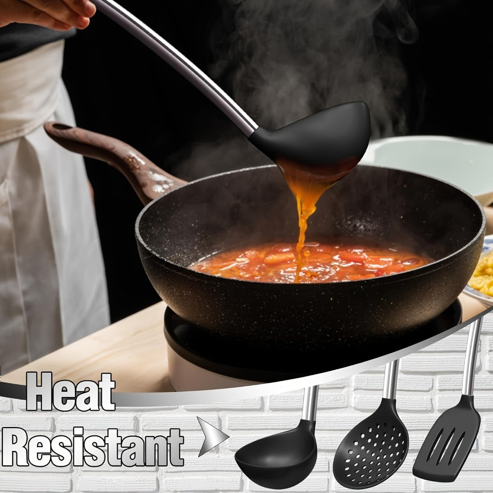 Silicone Cooking Utensils Set 34 Piece with Stainless Steel Handle, Heat Resistant Kitchen Gadgets Tools for Nonstick Cookware, Spatulas Spoons Tongs Whisk Complete Kitchen Accessories Gift Set