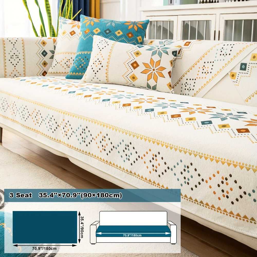 Bohemian Chenille Sofa Cover | Geometric Print Non-Slip Couch Slipcover, Thick Plush Boho Style, 1 to 4 Seat, Armrest & Backrest, Machine Washable, Sectional Sofa Protector