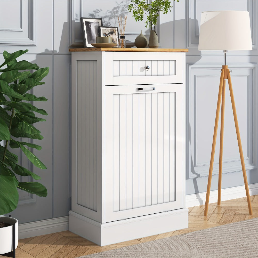 Tilt Out Trash Cabinet Freestanding Kitchen Garbage Cabinet with Cutting Board & Drawer ¨C Wood Hideaway Recycling Station, Fits 10 Gal, Black/White