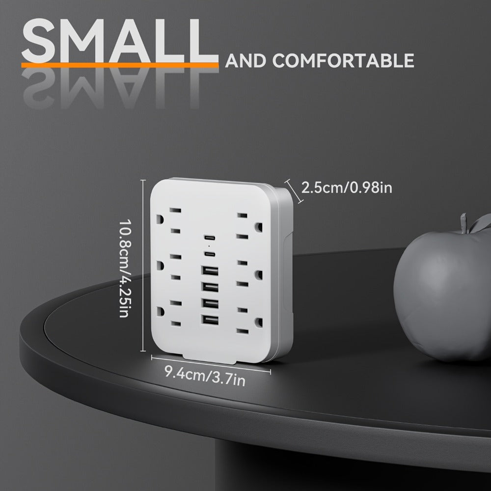 Wall Power Strip 12-in-1 with 6 AC Outlets & 6 USB Ports (2 USB-C) ¨C Compact Space-Saving Plug, 110-130V US Plug for Home & Office ¨C White & Black