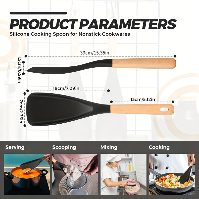 Silicone Kitchen Utensil Set 2/4 Pcs ¨C 12-Inch Wood Handle Cooking Tools with Stay-Cool Grip for Frying, Baking, Mixing & Serving, Non-Stick Cookware Safe Spatula & Spoon Kit