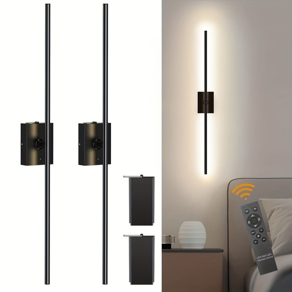Cordless LED Wall Sconces 2 Pack with Remote - Dimmable Battery Operated Wall Lights Adjustable 3000K-6000K Color Temperature No Hardwiring Modern Picture Lights for Bedroom Hallway Living Room Black