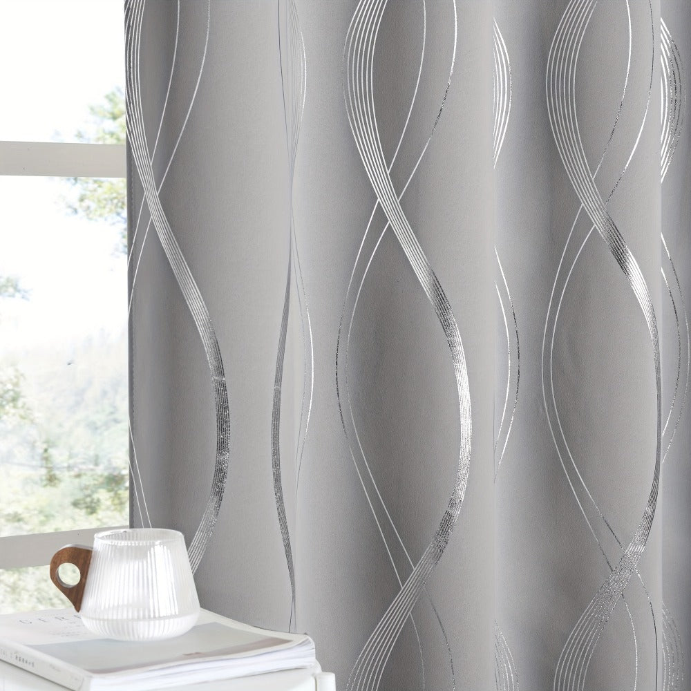 Thermal Insulated Blackout Curtains 2 Panels Wave Line Foil Print Noise Reducing Room Darkening Drapes for Bedroom Living Room Patio Sliding Glass Door