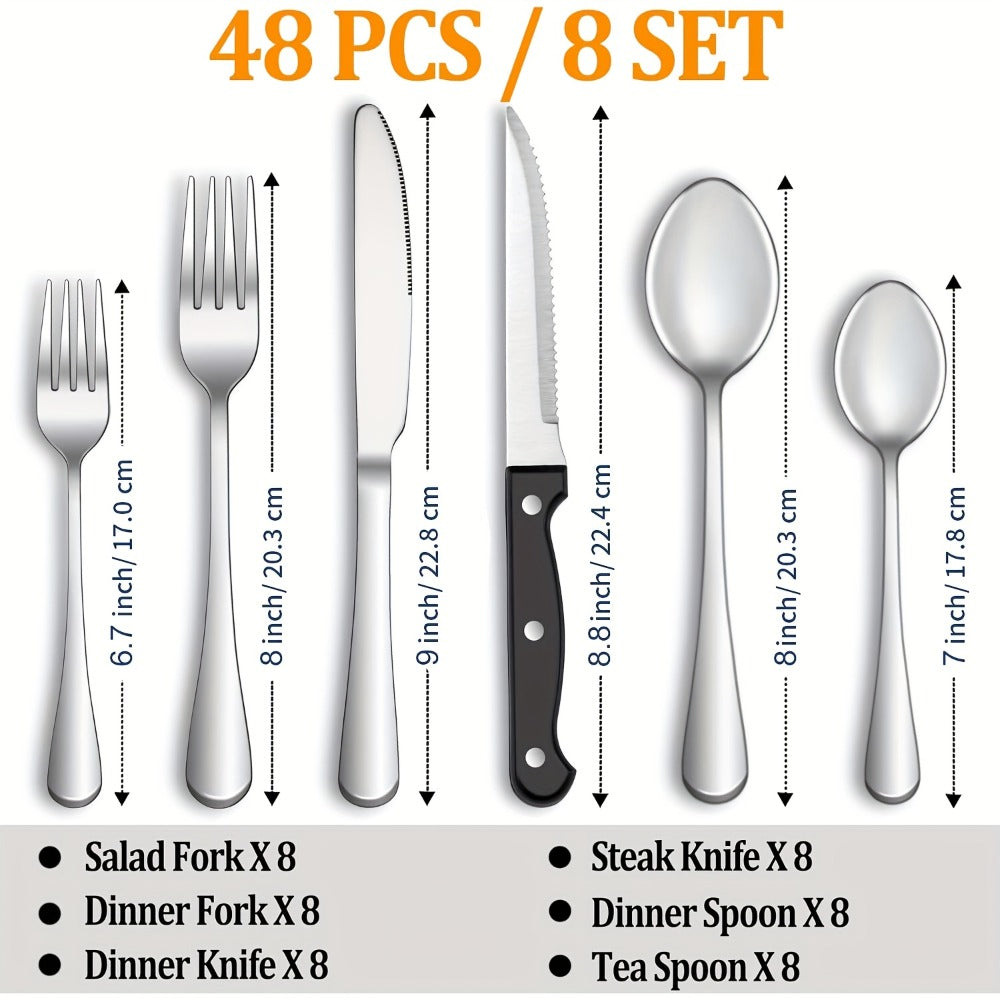 Stainless Steel Flatware Set with Steak Knives ¨C 24/48 Piece Silverware Set Service for 4 or 8, Mirror Polished Cutlery, Dishwasher Safe, Silver & Black