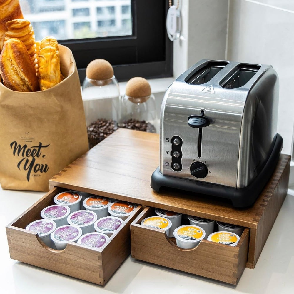 Coffee Machine Stand with K-Cup Storage Rack ¨C Wooden Countertop Coffee & Tea Organizer with Drawer, Holds 30 Boxes of K-Cups or Tea Bags, Coffee Bar Station Organizer for Home & Office ¨C Wood Color