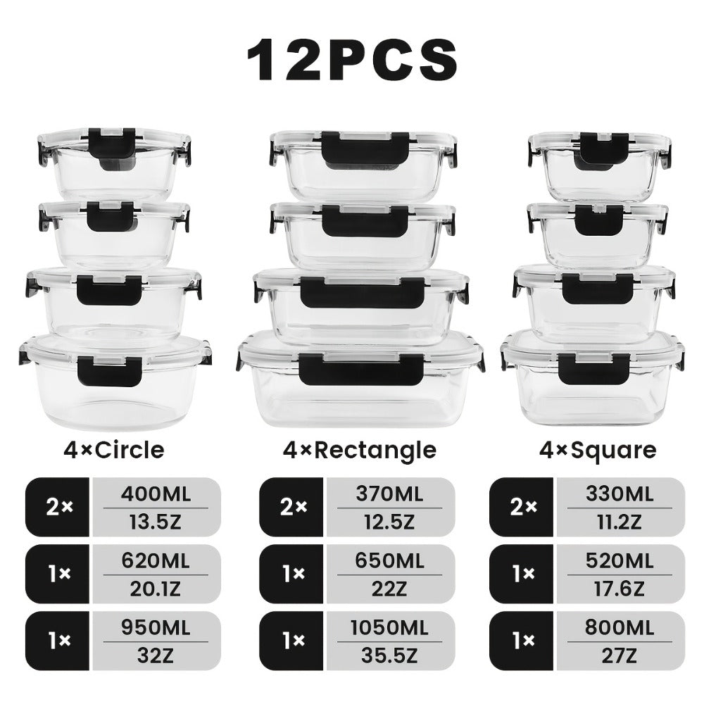 Glass Food Storage Containers with Lids Set of 12, Airtight Leak-Proof Meal Prep Containers, Microwave Oven Freezer Dishwasher Safe Bento Boxes for Pantry Kitchen Organization