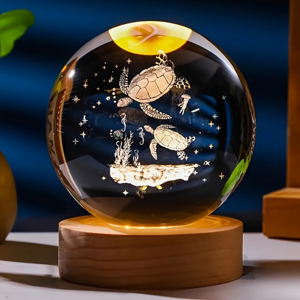 3D Sea Turtle Crystal Ball Night Light ¨C LED Color Glow Glass Orb Lamp with Bamboo Base, Ocean Animal Figurine Desk Light for Home Bedroom Decor, Unique Gift for Turtle Lovers, Elders & Friends (2.36in)