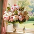 Faux Peonies Hydrangeas Artificial Flowers Vintage Silk Bouquet - Pink Green Mix Floral Centerpiece for Bridal Wedding Home Table Decor Rustic Farmhouse Arrangement