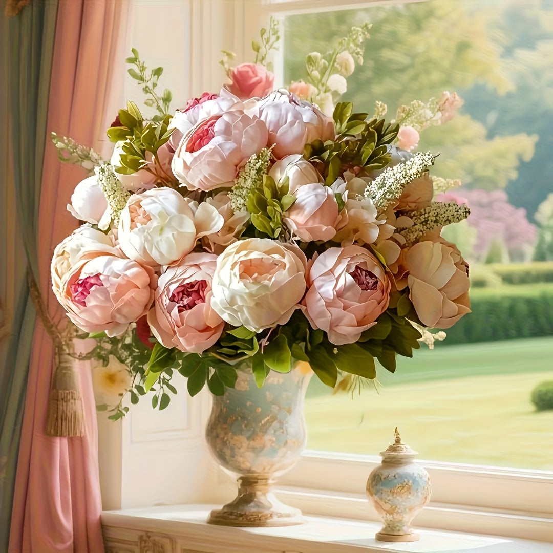 Faux Peonies Hydrangeas Artificial Flowers Vintage Silk Bouquet - Pink Green Mix Floral Centerpiece for Bridal Wedding Home Table Decor Rustic Farmhouse Arrangement