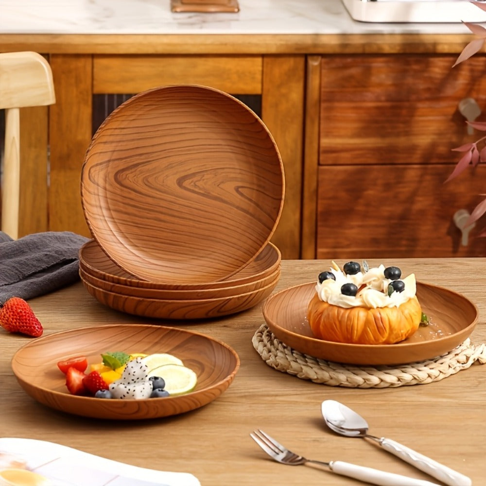 Wood Grain Plastic Dinner Plates Set of 10 - 7.8 Inch Salad Serving Plates for Kitchen Dining Table
