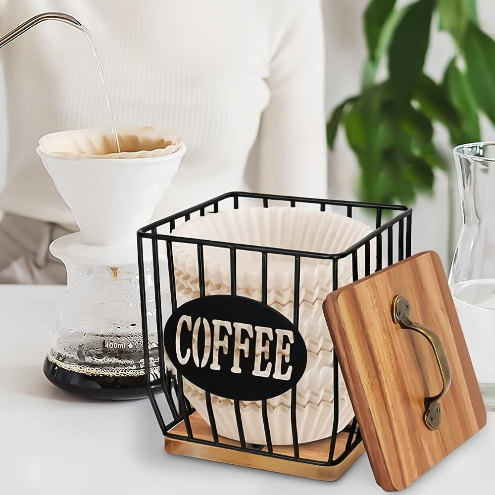 K-Cup Coffee Pod Holder Rack with Lid ¨C Large Capacity Black Metal Square Coffee Capsule Storage Organizer with Wooden Base, Modern Coffee Bar Countertop Decoration for Coffee Beans & Capsules ¨C Black