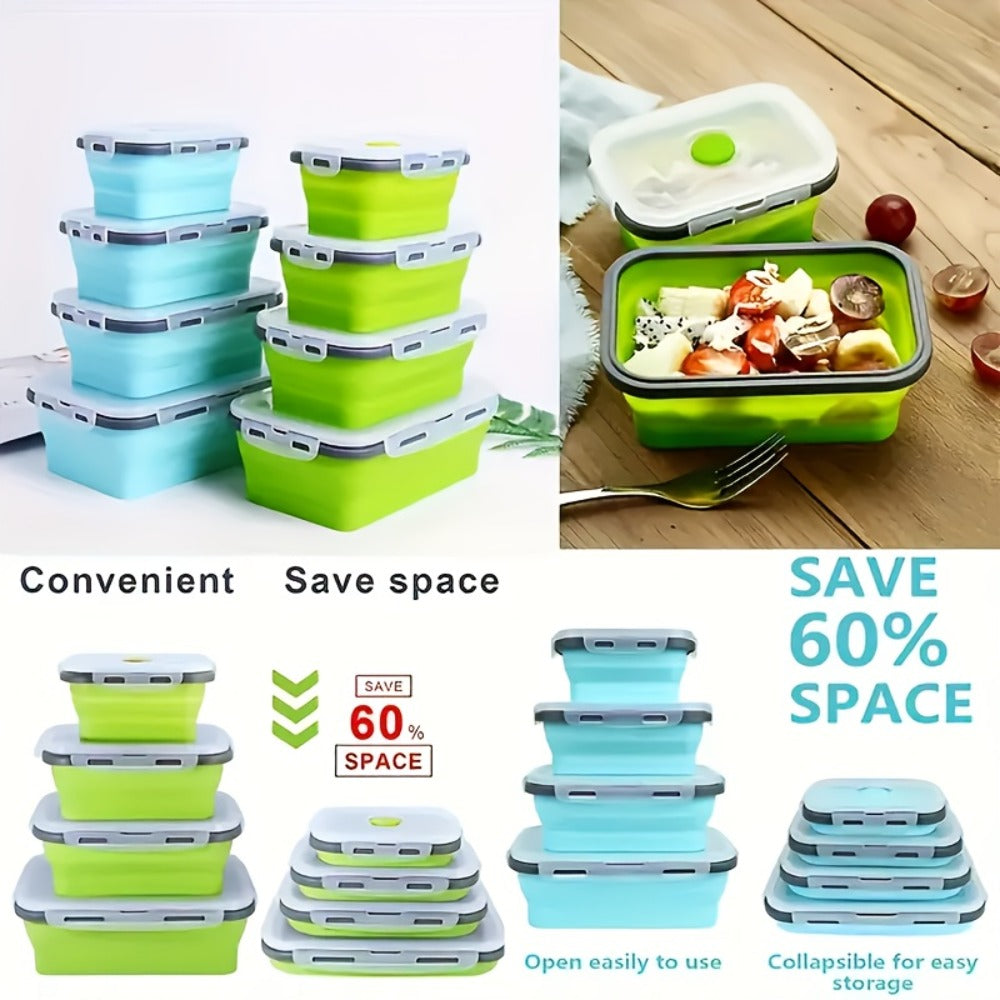Foldable Meal Prep Containers Set of 4 - Airtight Lids, 4 Sizes, Microwave Dishwasher Refrigerator Safe, Stackable Food Storage for Lunch, Meal Prep, RV, Outdoor Snacks - Green, Red, Blue