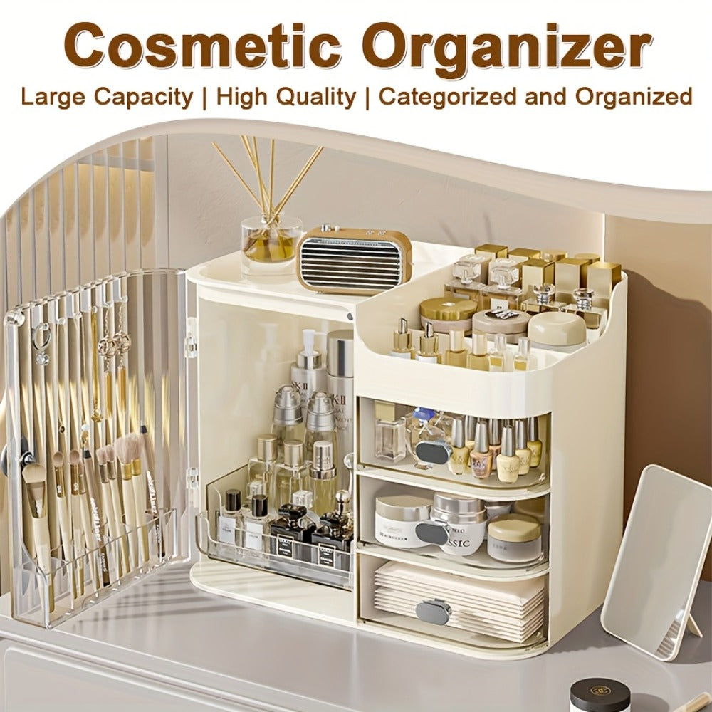 Makeup Organizer with 3 Drawers and Mirror - Large Capacity Cosmetic Storage Box Vanity Organizer for Skincare Contact Lens Display Case Bathroom Counter Organizer | Transparent Black Cream White