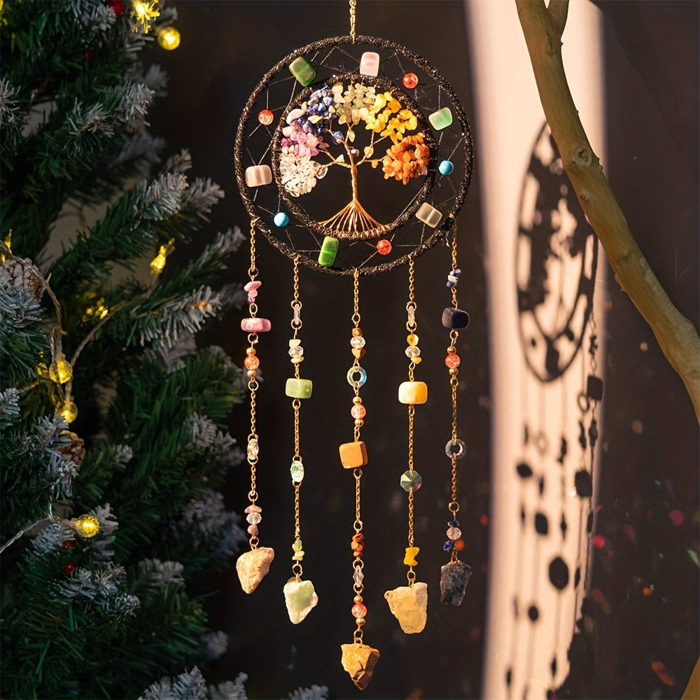 Crystal Wind Chime Suncatcher with Life Tree Pendant - Handmade Bohemian Shattered Stone Woven Hanging Decor for Outdoor Garden Window Porch, Christmas Wedding Birthday New Year Gift